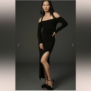 By Anthropologie Black Square Neck Long Sleeve Slim Knit MIDI Dress XS